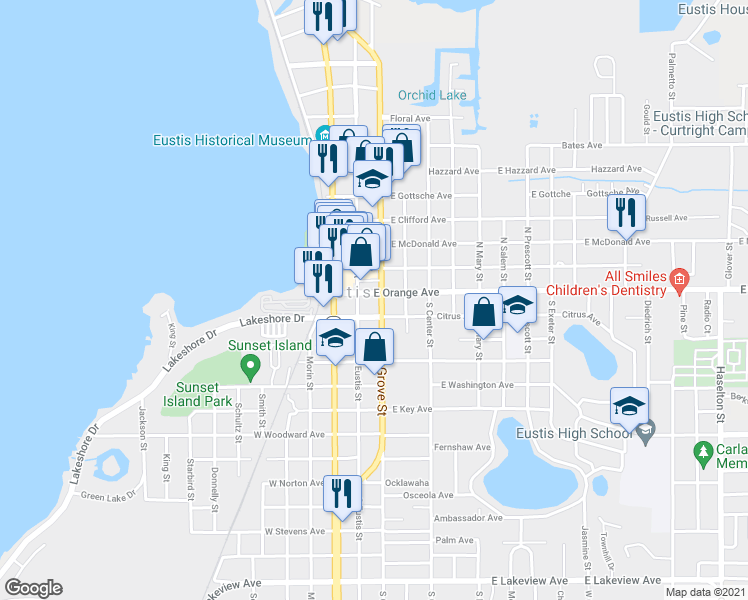 map of restaurants, bars, coffee shops, grocery stores, and more near 24 South Grove Street in Eustis