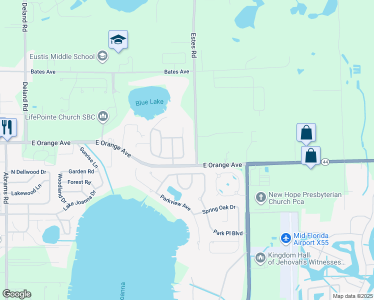 map of restaurants, bars, coffee shops, grocery stores, and more near 125 East Blue Water Edge Drive in Eustis