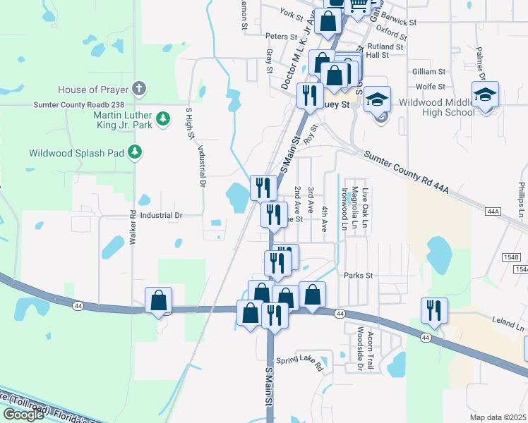 map of restaurants, bars, coffee shops, grocery stores, and more near 701 South Main Street in Wildwood
