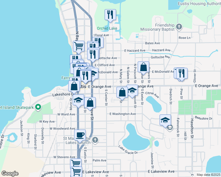 map of restaurants, bars, coffee shops, grocery stores, and more near 424 East Orange Avenue in Eustis