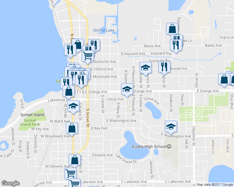 map of restaurants, bars, coffee shops, grocery stores, and more near 526 East Orange Avenue in Eustis