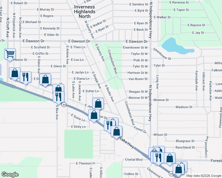 map of restaurants, bars, coffee shops, grocery stores, and more near 613 South Rooks Avenue in Inverness