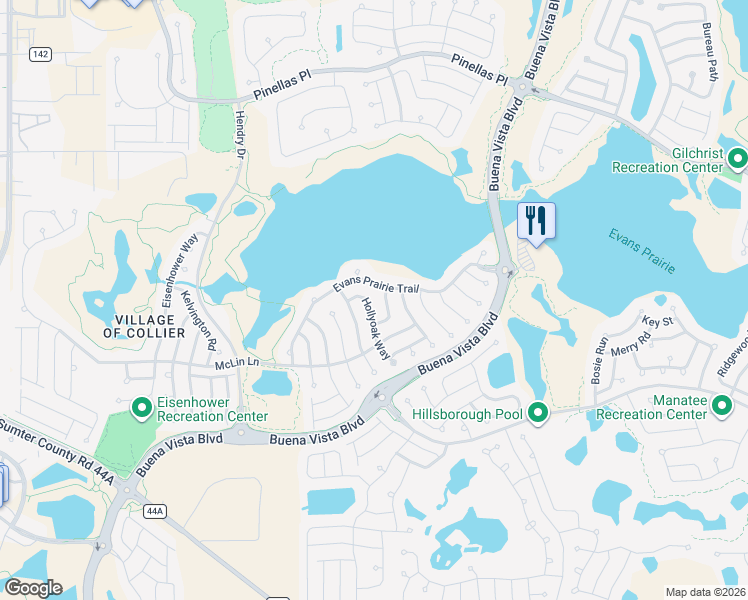 map of restaurants, bars, coffee shops, grocery stores, and more near 3343 Hollyoak Way in The Villages