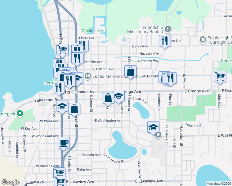 map of restaurants, bars, coffee shops, grocery stores, and more near 714 East Orange Avenue in Eustis