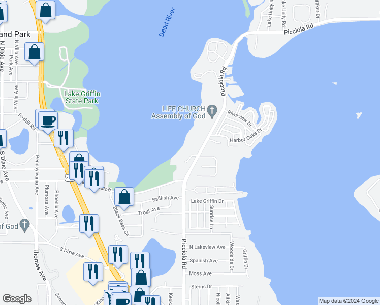 map of restaurants, bars, coffee shops, grocery stores, and more near 1310 Wood Duck Lane in Fruitland Park