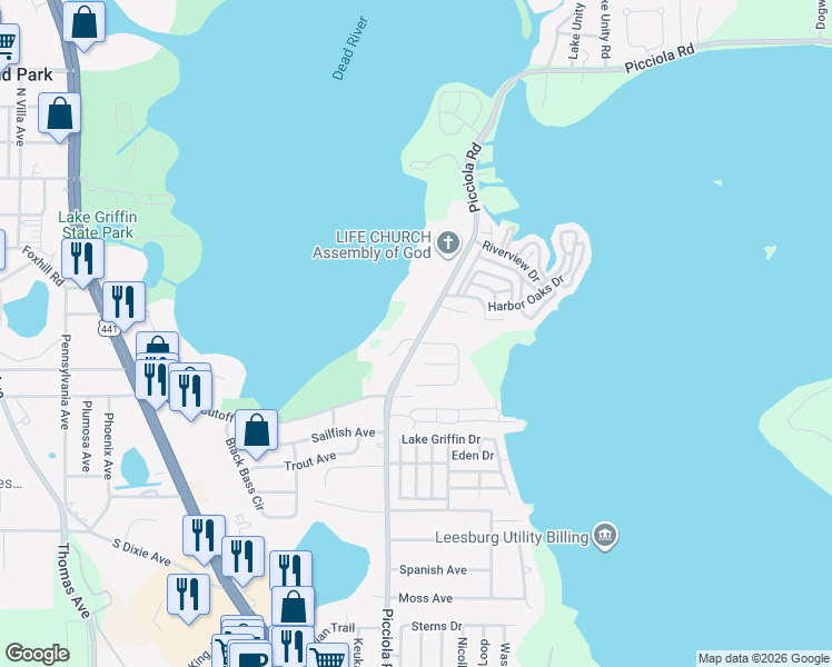 map of restaurants, bars, coffee shops, grocery stores, and more near 1310 Wood Duck Lane in Fruitland Park