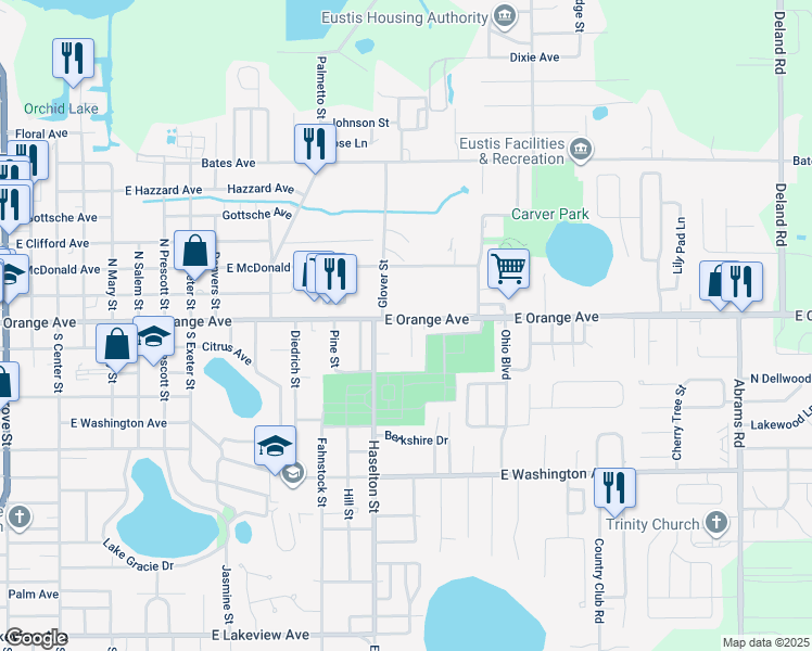 map of restaurants, bars, coffee shops, grocery stores, and more near 10 Oak Court in Eustis