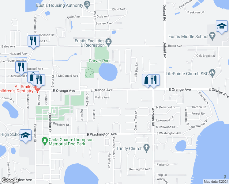 map of restaurants, bars, coffee shops, grocery stores, and more near 2402 East Orange Avenue in Eustis