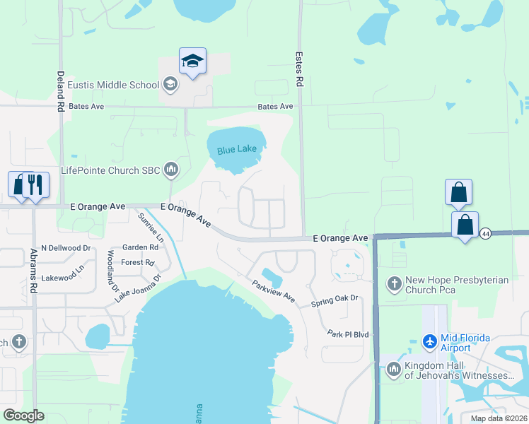 map of restaurants, bars, coffee shops, grocery stores, and more near 242 Blue Water Street in Eustis