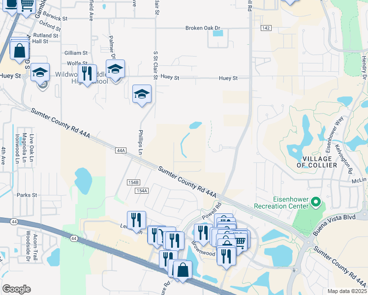 map of restaurants, bars, coffee shops, grocery stores, and more near 3530 County Road 44A in Wildwood