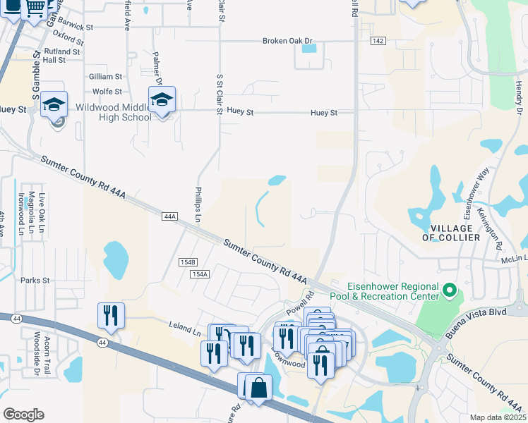 map of restaurants, bars, coffee shops, grocery stores, and more near 3530 County Road 44A in Wildwood