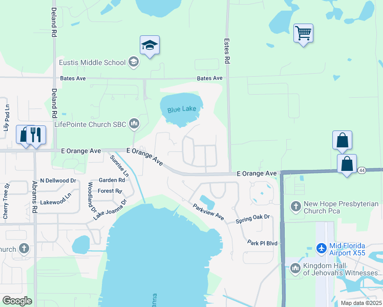map of restaurants, bars, coffee shops, grocery stores, and more near 244 Blue Branch Street in Eustis