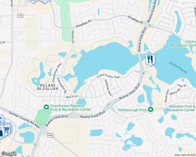 map of restaurants, bars, coffee shops, grocery stores, and more near 3324 Kananwood Terrace in The Villages
