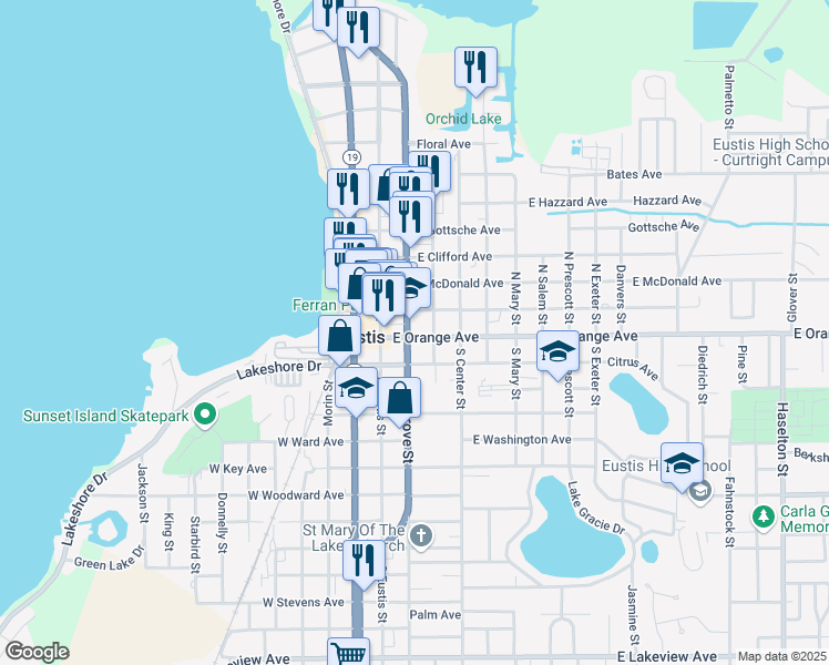 map of restaurants, bars, coffee shops, grocery stores, and more near 24 South Grove Street in Eustis