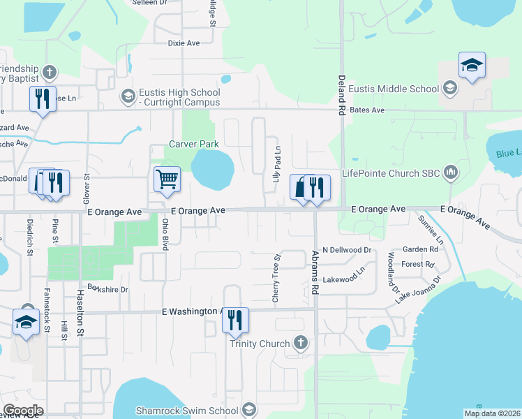map of restaurants, bars, coffee shops, grocery stores, and more near 100 Fruitwood Avenue in Eustis