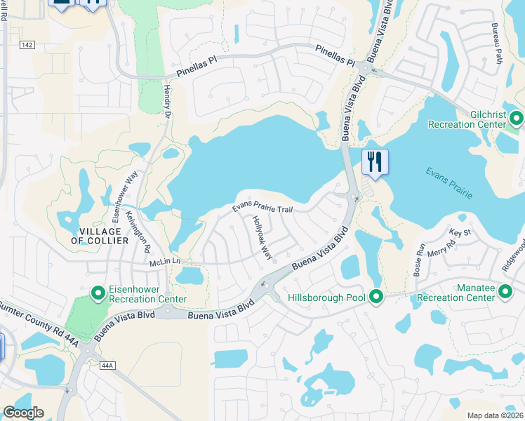 map of restaurants, bars, coffee shops, grocery stores, and more near 3343 Hollyoak Way in The Villages