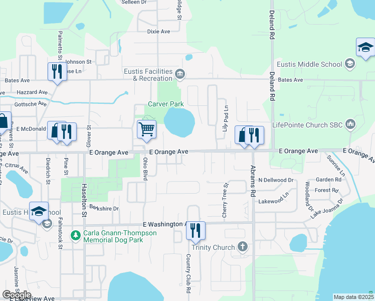map of restaurants, bars, coffee shops, grocery stores, and more near 2402 East Orange Avenue in Eustis