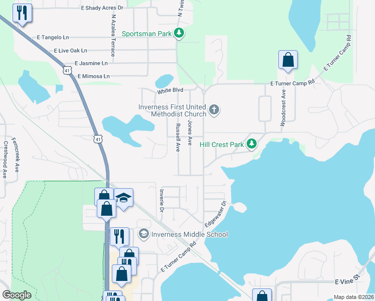 map of restaurants, bars, coffee shops, grocery stores, and more near 1001 Jones Avenue in Inverness
