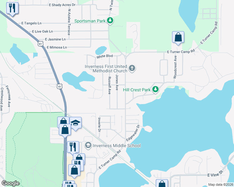 map of restaurants, bars, coffee shops, grocery stores, and more near 1001 Jones Avenue in Inverness