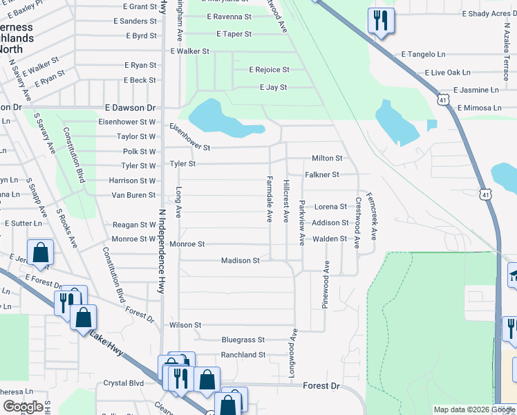 map of restaurants, bars, coffee shops, grocery stores, and more near 2301 Jackson Street in Inverness
