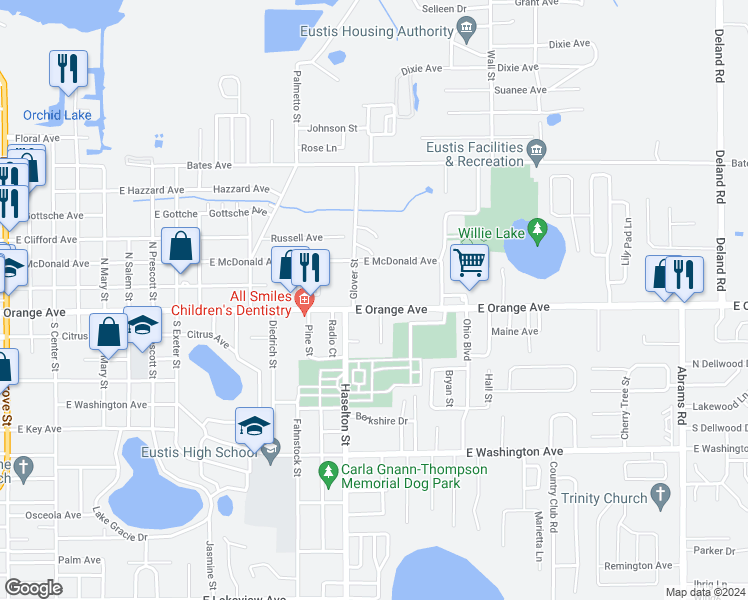 map of restaurants, bars, coffee shops, grocery stores, and more near 10 Oak Court in Eustis