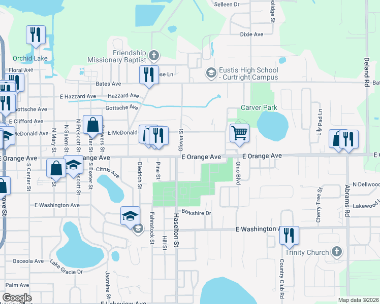 map of restaurants, bars, coffee shops, grocery stores, and more near 10 Oak Court in Eustis