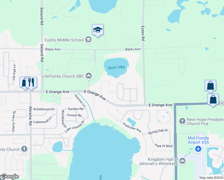 map of restaurants, bars, coffee shops, grocery stores, and more near 3775 Blue Crown Lane in Eustis