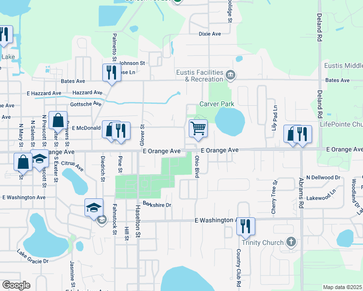 map of restaurants, bars, coffee shops, grocery stores, and more near 85 Cardinal Drive in Eustis
