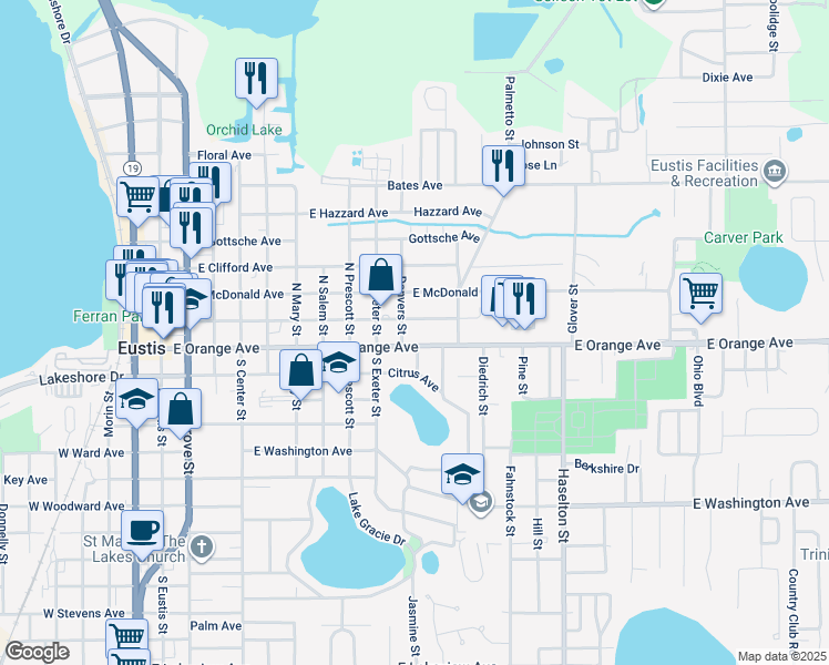 map of restaurants, bars, coffee shops, grocery stores, and more near 1002 East McDonald Avenue in Eustis