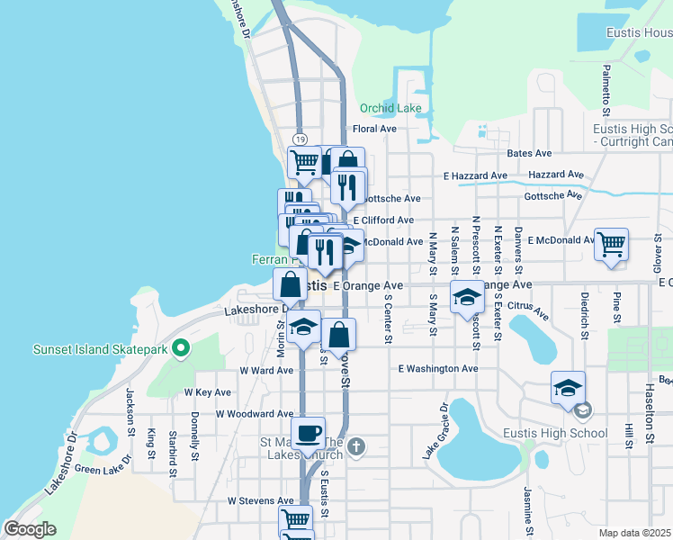 map of restaurants, bars, coffee shops, grocery stores, and more near 101-199 East Magnolia Avenue in Eustis