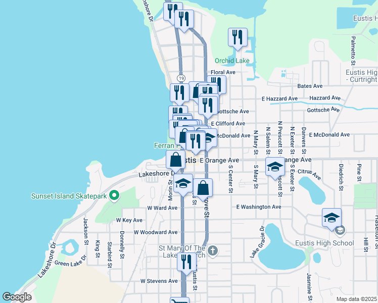 map of restaurants, bars, coffee shops, grocery stores, and more near 113 Florida 19 in Eustis