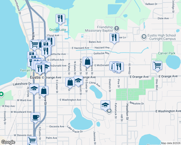 map of restaurants, bars, coffee shops, grocery stores, and more near 1002 East McDonald Avenue in Eustis