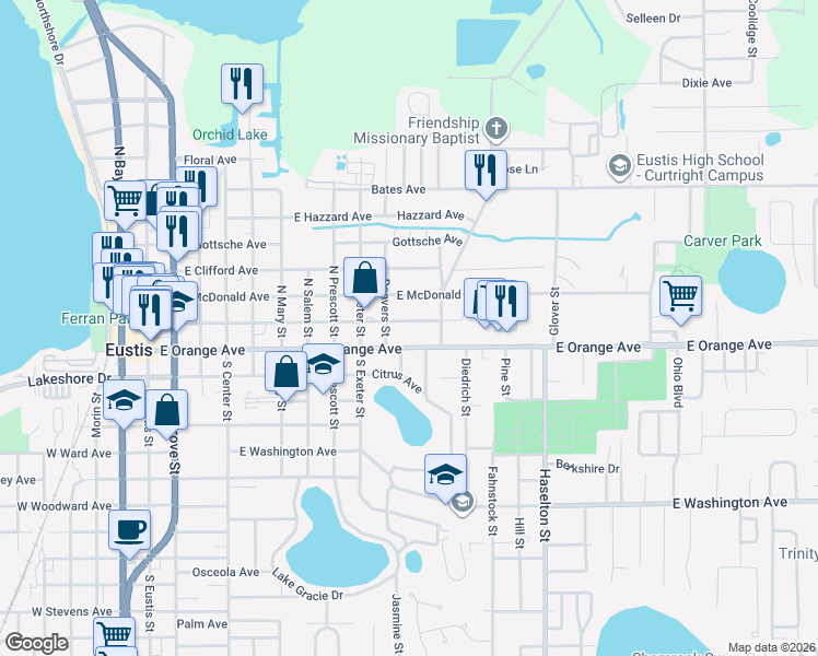 map of restaurants, bars, coffee shops, grocery stores, and more near 1002 East McDonald Avenue in Eustis