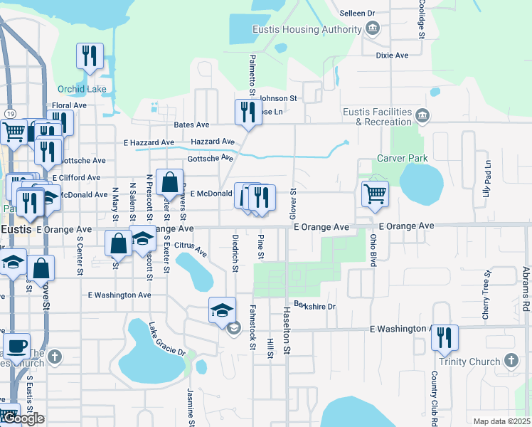 map of restaurants, bars, coffee shops, grocery stores, and more near 1482 East McDonald Avenue in Eustis