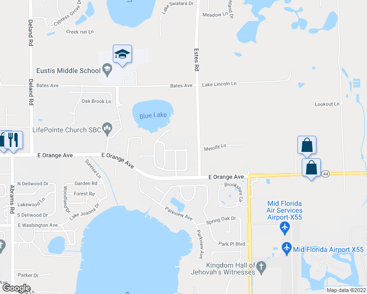 map of restaurants, bars, coffee shops, grocery stores, and more near 3877 Blue Crest Avenue in Eustis