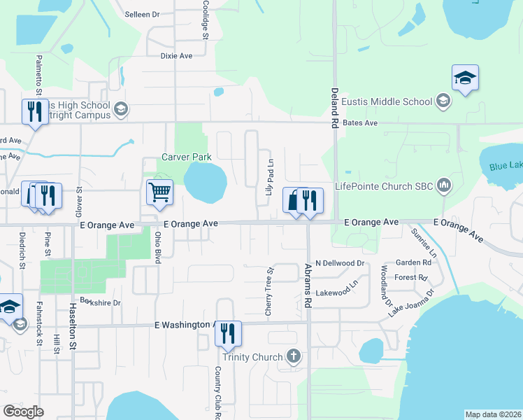 map of restaurants, bars, coffee shops, grocery stores, and more near 95 Cricket Hollow Lane in Eustis