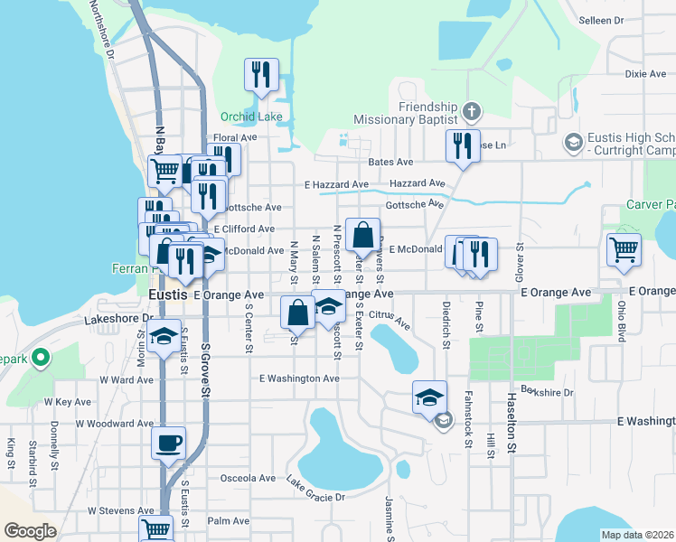 map of restaurants, bars, coffee shops, grocery stores, and more near 821 East Magnolia Avenue in Eustis
