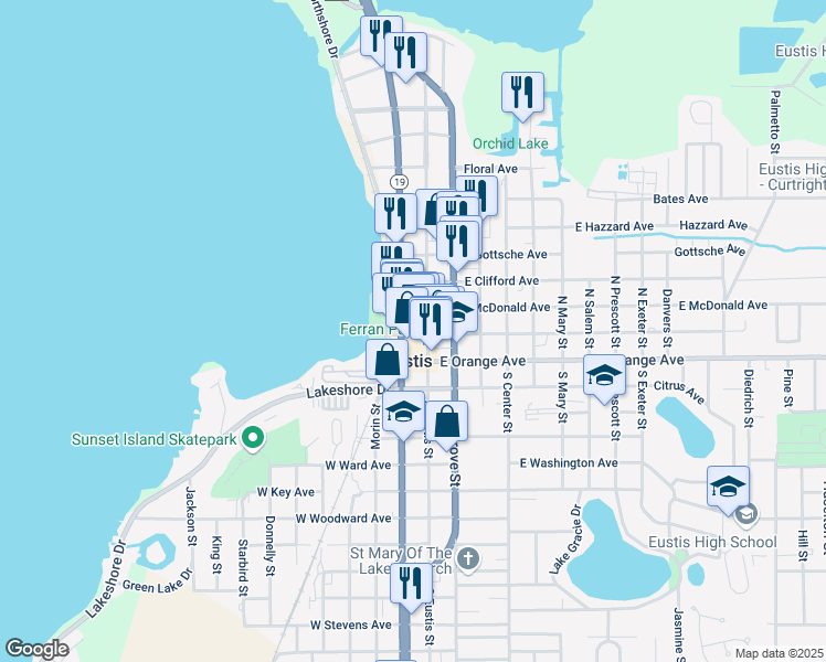 map of restaurants, bars, coffee shops, grocery stores, and more near 113 Florida 19 in Eustis