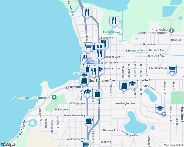 map of restaurants, bars, coffee shops, grocery stores, and more near 113 Florida 19 in Eustis