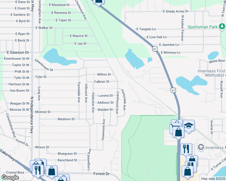 map of restaurants, bars, coffee shops, grocery stores, and more near 1909 Victor Street in Inverness