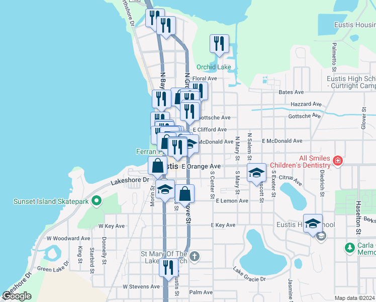 map of restaurants, bars, coffee shops, grocery stores, and more near 101-199 East Magnolia Avenue in Eustis
