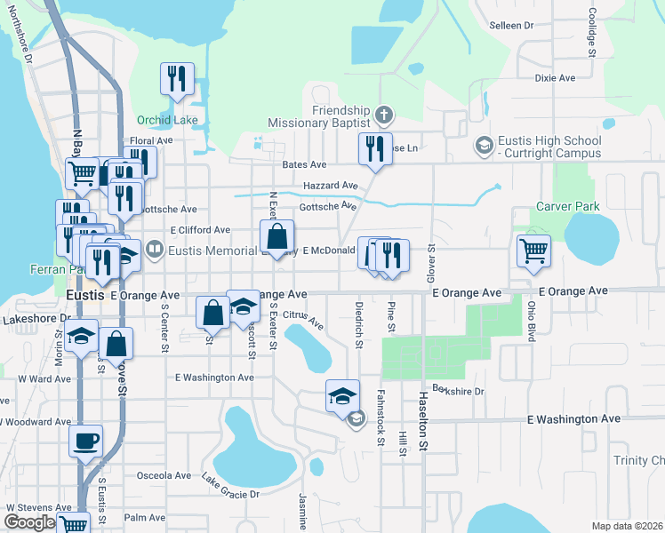 map of restaurants, bars, coffee shops, grocery stores, and more near 1129 East Magnolia Avenue in Eustis