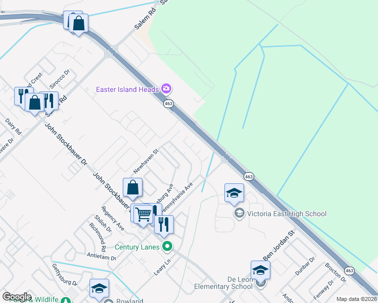 map of restaurants, bars, coffee shops, grocery stores, and more near 704 Pennsylvania Avenue in Victoria
