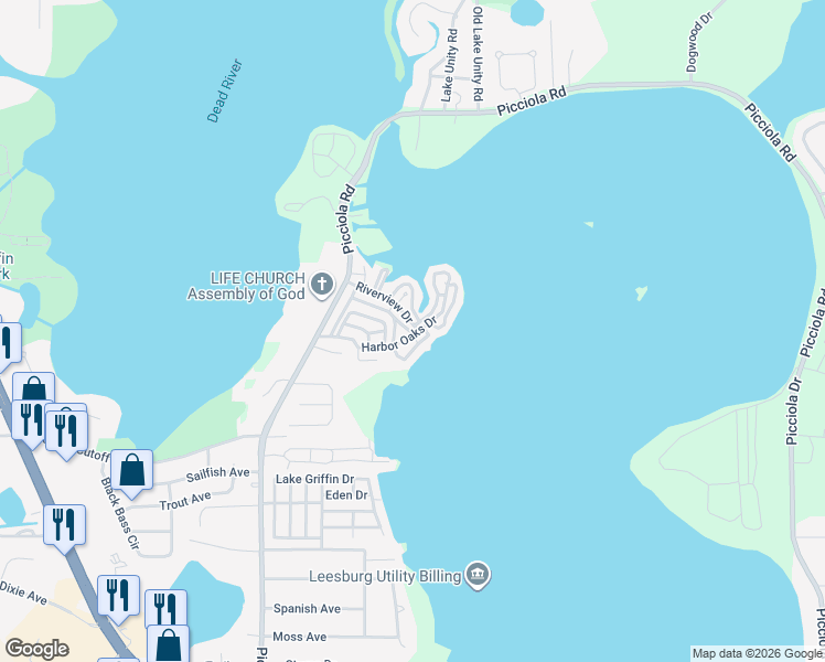 map of restaurants, bars, coffee shops, grocery stores, and more near 24 Sunrise Trail in Fruitland Park