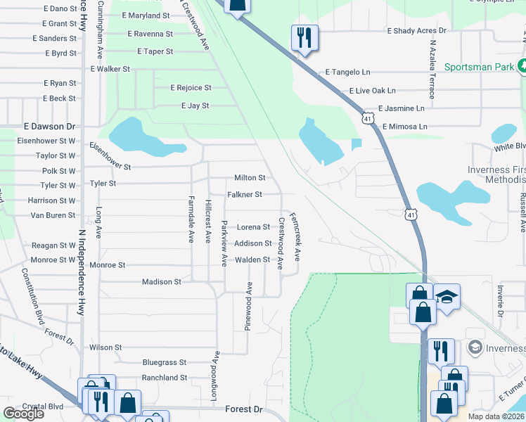 map of restaurants, bars, coffee shops, grocery stores, and more near 1909 Victor Street in Inverness