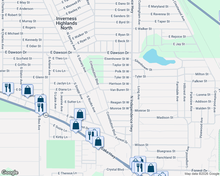map of restaurants, bars, coffee shops, grocery stores, and more near 2908 Van Buren Street in Inverness