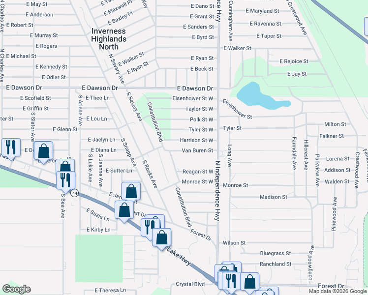 map of restaurants, bars, coffee shops, grocery stores, and more near 2908 Van Buren Street in Inverness