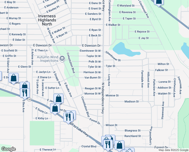 map of restaurants, bars, coffee shops, grocery stores, and more near 2806 Van Buren Street in Inverness