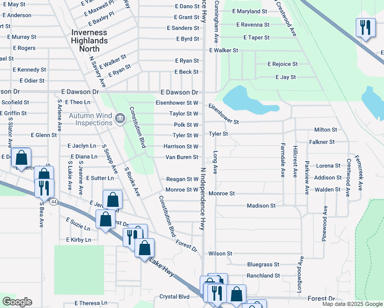 map of restaurants, bars, coffee shops, grocery stores, and more near 2806 Van Buren Street in Inverness