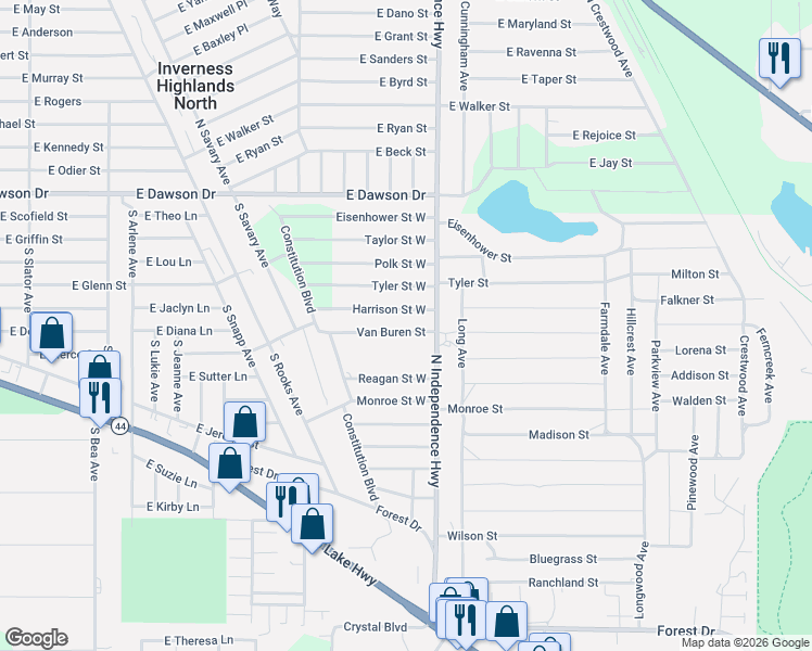 map of restaurants, bars, coffee shops, grocery stores, and more near 2806 Van Buren Street in Inverness